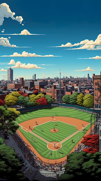 un dibujo de un campo de béisbol con una ciudad en el fondo