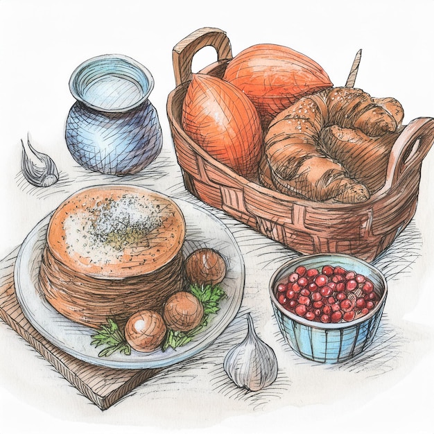 un dibujo de una canasta de pan y una canasa de pan