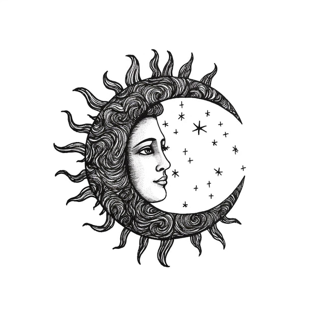 Foto un dibujo de la cara de una mujer con una media luna y estrellas ai generativo