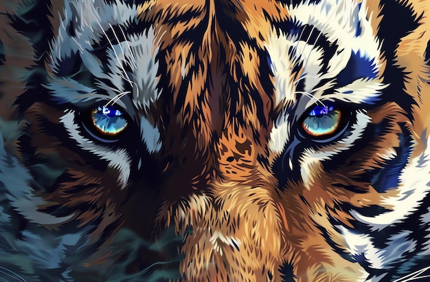 un dibujo de una cara de tigre con ojos azules