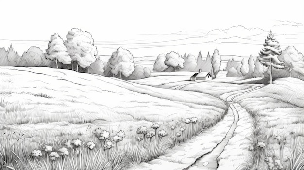 Foto dibujo de carretera de campo en blanco y negro ilustración de libro de cuentos con personajes detallados