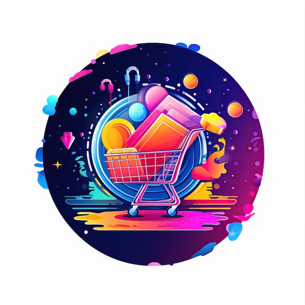 un dibujo de un carro de compras con un carrito de compras en el medio