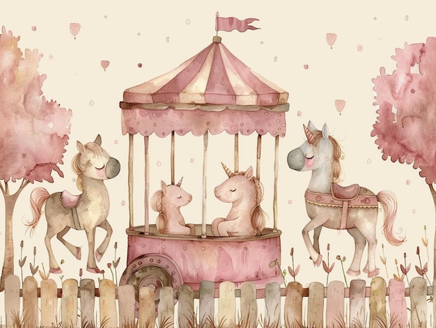 un dibujo de un carrusel con caballos y una tienda rosa con las palabras "unicornios" en él