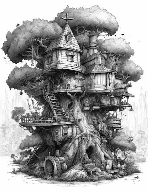 Un dibujo de una casa en el árbol con una casa en el árbol.