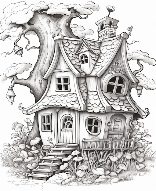 un dibujo de una casa con un árbol y una escalera ai generativo