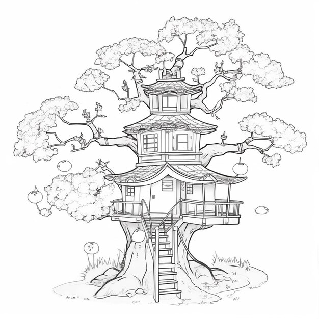 un dibujo de una casa de árbol con una escalera y un árbol generativo ai