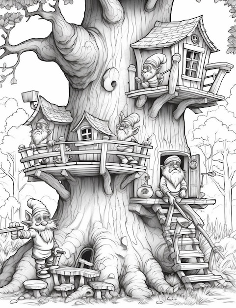 Foto un dibujo de una casa en el árbol con gnomos y un gnomo generativo ai