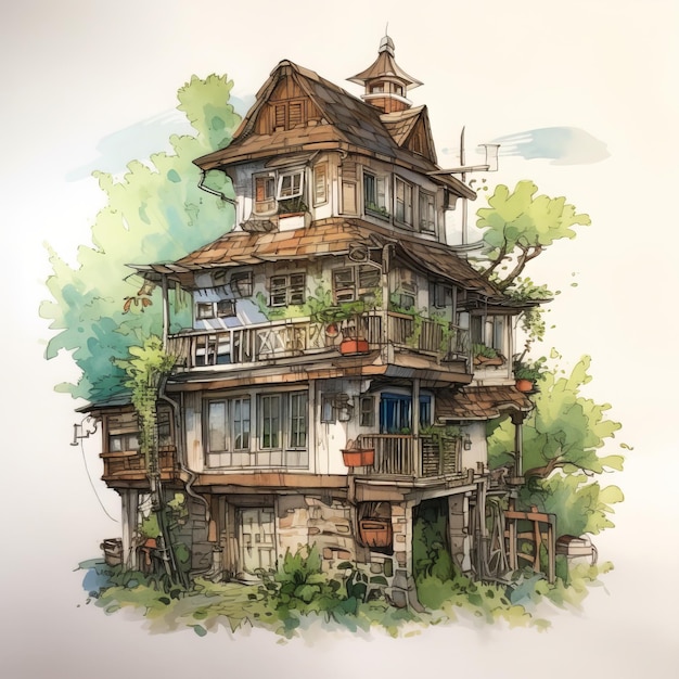Un dibujo de una casa con un balcón y un balcón.