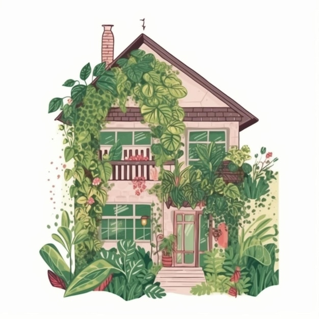 Dibujo de una casa con balcón y plantas alrededor.