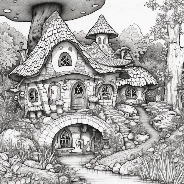 Un dibujo de una casa en el bosque.