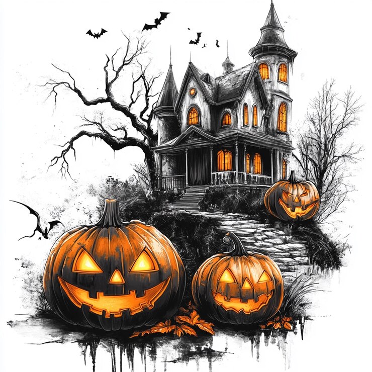 un dibujo de una casa con una calabaza en él