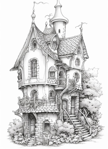 Un dibujo de una casa con un campanario y una escalera generativa ai