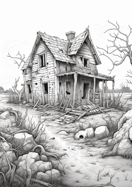 dibujo de una casa en un campo con un árbol muerto generativo ai