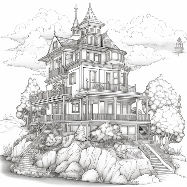 un dibujo de una casa en una colina con un campanario ai generativo