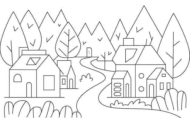 un dibujo de una casa con un dibujo en línea de una casa y árboles