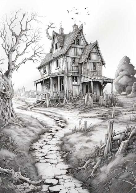 dibujo de una casa en un entorno rural con un camino que conduce a ella generativo ai
