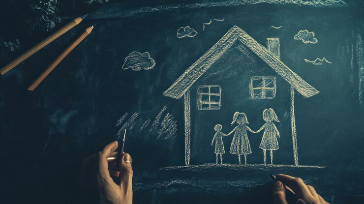 Dibujo de la casa familiar en la pizarra