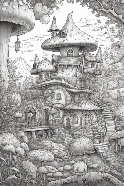 Un dibujo de una casa de hongos en un bosque.