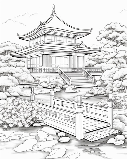 Un dibujo de una casa japonesa con un puente sobre un estanque generativo ai