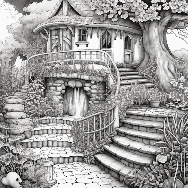 Un dibujo de una casa con un jardín y escalones que llevan a ella