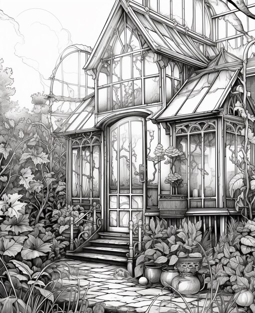 un dibujo de una casa con un jardín y una pasarela ai generativa
