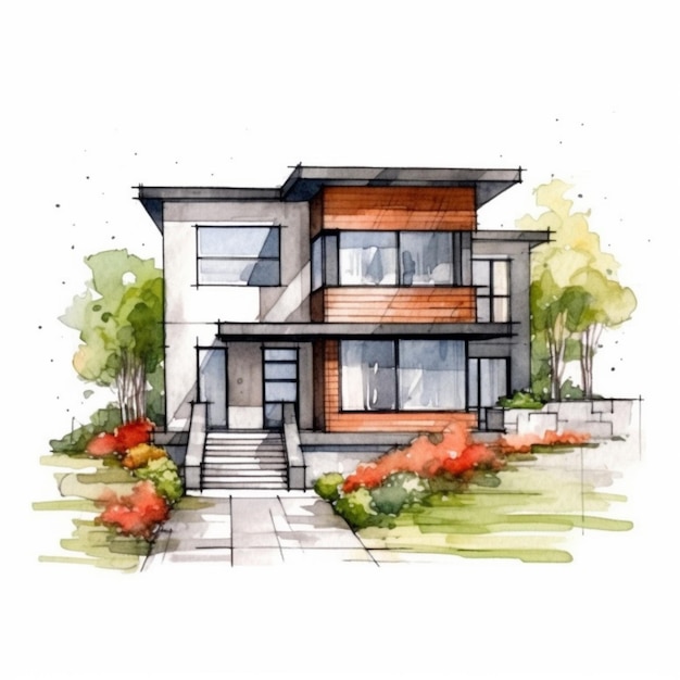 Un dibujo de una casa con muchas ventanas y muchas plantas generativas ai