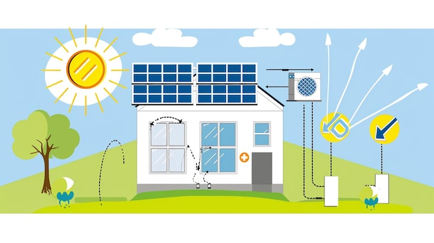 un dibujo de una casa con paneles solares en el techo