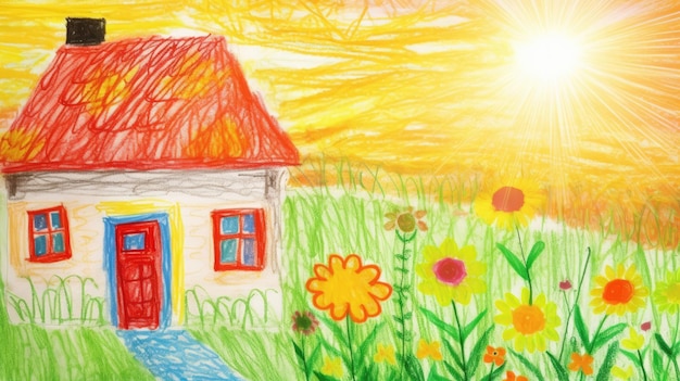 Dibujo de una casa con un sol de fondo.