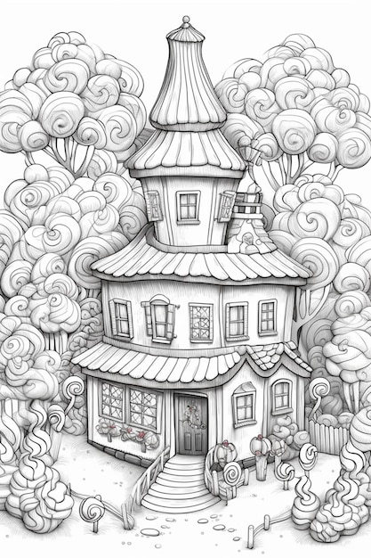 Un dibujo de una casa con una torre rodeada de arboles ai generativo