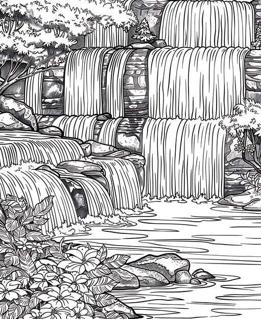 un dibujo de una cascada con una cascada en el fondo