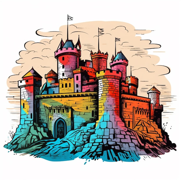 un dibujo de un castillo con una bandera en la parte superior de él generativo ai
