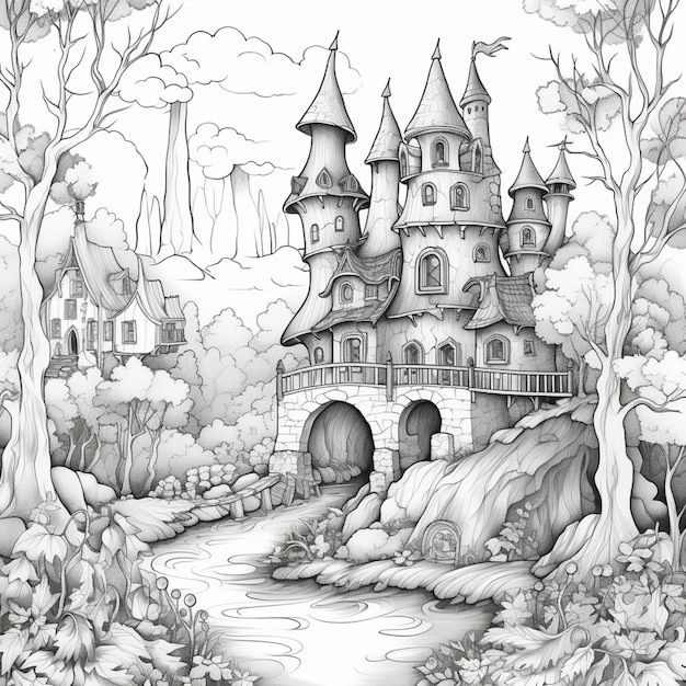 Un dibujo de un castillo en el bosque con un arroyo generativo ai