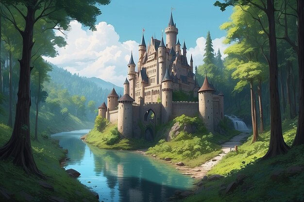 Un dibujo de un castillo en un bosque con un río generativo ai