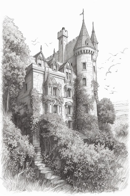 Dibujo de un castillo en el bosque.