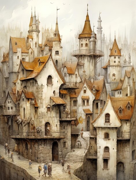 un dibujo de un castillo con un castillo en la parte superior