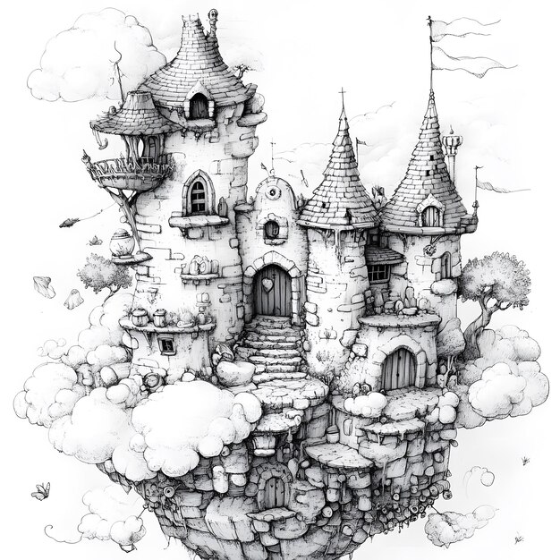 un dibujo de un castillo con un castillo en la parte superior