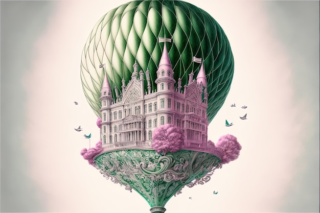 un dibujo de un castillo con una cúpula verde y un edificio con una cápita verde