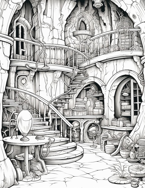 un dibujo de un castillo de fantasía con una escalera y una escalera ai generativo