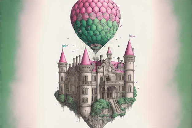 un dibujo de un castillo con un globo en el medio