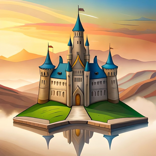 Un dibujo de un castillo con una imagen de un castillo en la parte superior.