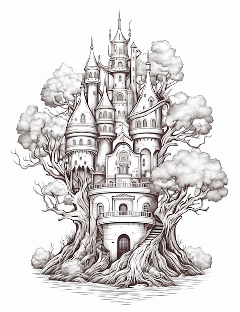 un dibujo de un castillo en medio de un árbol ai generativo