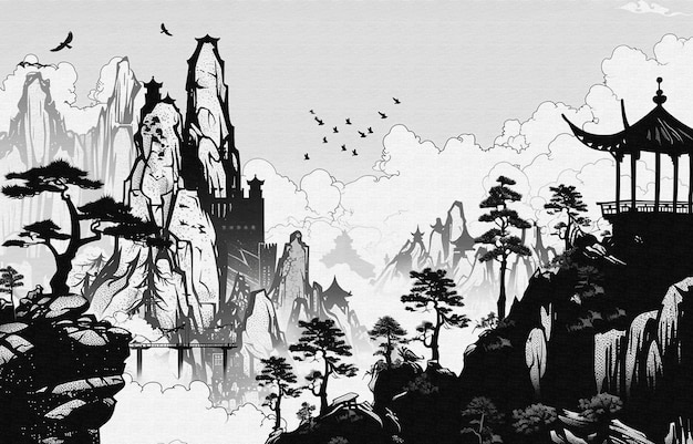 un dibujo de un castillo con pájaros volando por encima de él
