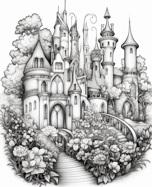 Un dibujo de un castillo con un puente y flores generativo ai