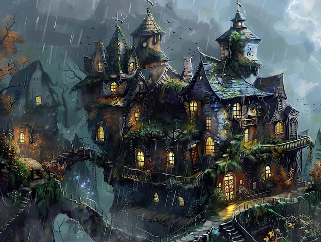 un dibujo de un castillo con un techo verde y una casa con un tejado verde