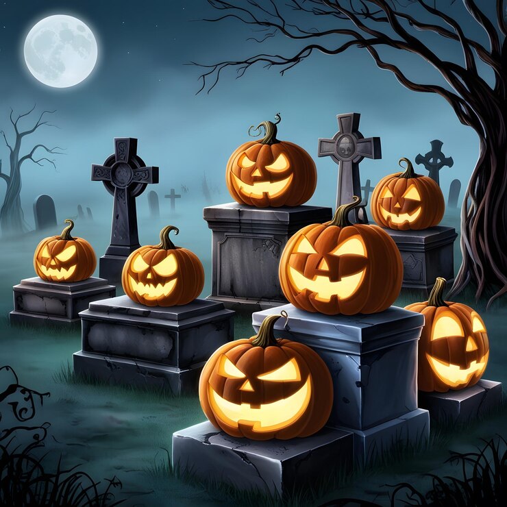 un dibujo de un cementerio con una luna llena en el fondo
