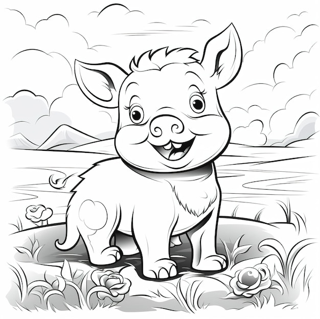 Foto un dibujo de un cerdo con una cara feliz y un fondo de cielo.