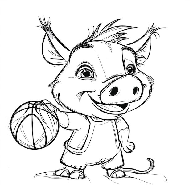 Foto un dibujo de un cerdo sosteniendo una pelota de baloncesto en la mano