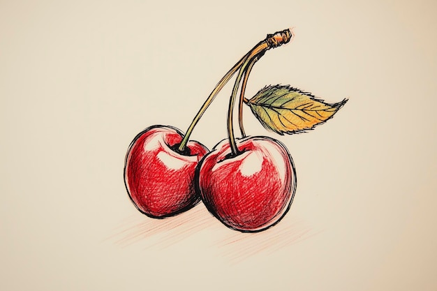 un dibujo de cerezas con una hoja en él