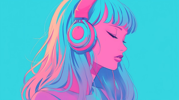 un dibujo de una chica con auriculares en la cabeza