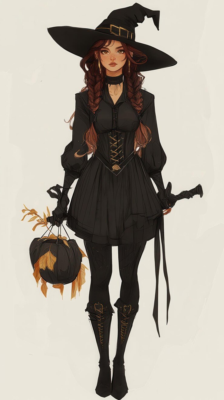 un dibujo de una chica con una calabaza y una bolsa de calabazas